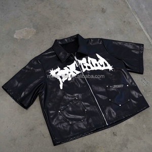 Custom Pu Leather Zip up Jackets High Quality Embroidered Patch Short Sleeve Shirts <b>Black</b> Faux Leather Shirts for Men - Product Image 1
