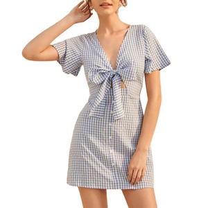 All'ingrosso abbigliamento moda donna estate manica corta cravatta anteriore fiocco <span class=keywords><strong>blu</strong></span> Plaid <span class=keywords><strong>MIni</strong></span> abiti - Product Image 1