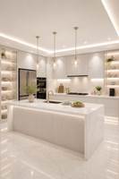 Desain Pulau Dapur Lengkung Modern dengan LED & Laci Soft Close, Penyimpanan Terintegrasi, Kabinet Dapur Modular