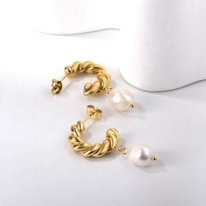 <b>Fashion</b> Jewelry 18k Gold Plated Stainless Steel Drop Pearl Dangle C Shape Twist Gold Plated Stud <b>Hoop</b> <b>Earrings</b> for Women - Product Image 6