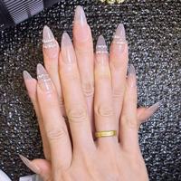 10 pièces/boîte Faux ongles à presser faits main, style long, rose nude français, ornés de diamants, forme amande, pour l'exportation
