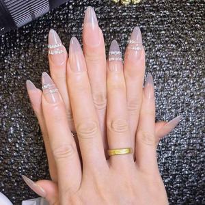 10 pièces/boîte <span class=keywords><strong>Faux</strong></span> <span class=keywords><strong>ongles</strong></span> à presser faits main, style <span class=keywords><strong>long</strong></span>, rose nude français, ornés de diamants, forme amande, pour l'exportation - Product Image 4