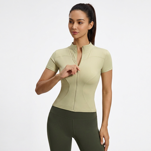 Wholesale Women Full Zip Stand Collar Short Sleeve Yoga Crop <b>Jackets</b> Slim Fit Stretchy Athletic Tops Plus Size Gym <b>Workout</b> Shirt - Product Image 2