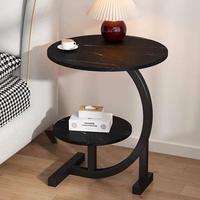 Table d'appoint contemporaine à 2 niveaux, ronde, en marbre noir imprimé, avec base en métal en forme de C, pour table basse