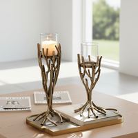 Flolenco Luxe Rustique Porte-bougie en métal style branche avec base en forme de racine et bougeoir en verre pour décoration de centre de table de mariage