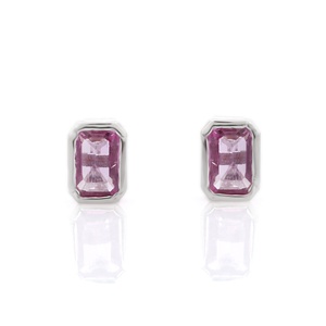 Pendientes de GEMA de zafiro Rosa octagonal Natural, tachuelas minimalistas de oro blanco sólido de 18K, joyería fina - Product Image 2