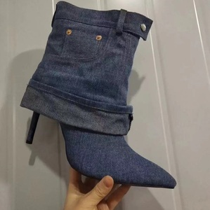 Bottes mi-mollet sexy pour femmes, bout pointu, chaussures élégantes pour femmes, denim, cowgirl, nouvelles bottes en denim pour femmes 2025 - Product Image 3