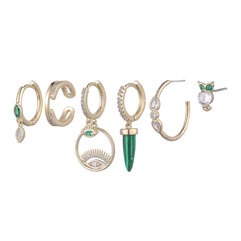 ANENJERY Conical Green Stone Eye Earrings Set Asymmetric Hoop Earrings For Women