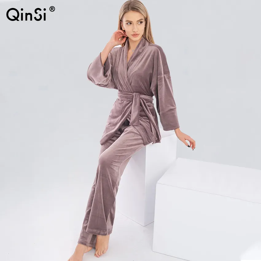 QINSI pembe bornoz ve pantolon kıyafeti bayanlar ev tekstili sıcak kış pijama zarif parlak Loungewear kadınlar kadife pijama seti