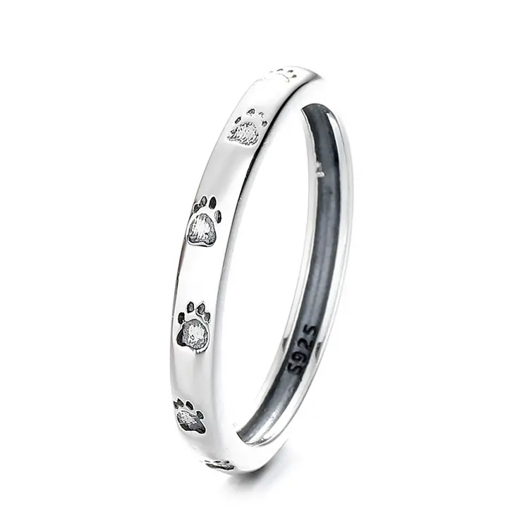 Puur Zilver 925 Vlakte Ring Met Leuke Dier Poot Afdrukken Dunne Vinger Band Ring Voor Kinderen