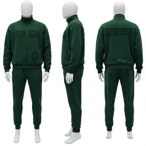 Custom Design Green Tracksuit Men <b>Full</b> <b>Zip</b> <b>Hoodie</b> Jogger Pants 100% Cotton Breathable Casual Autumn Stand Collar Embossed Logo - Product Image 1