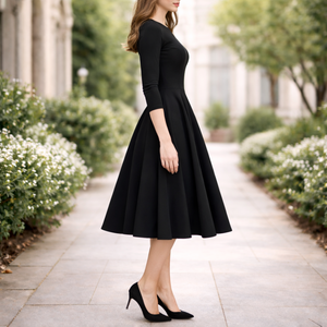 Robe <span class=keywords><strong>midi</strong></span> noire pour femme, coupe trapèze, manches 3/4, col rond, style décontracté et élégant - Product Image 3