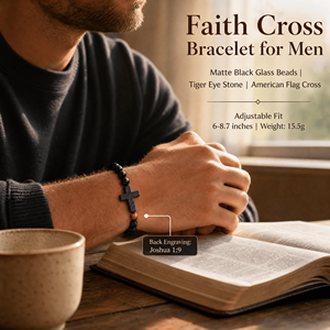 Pulsera <span class=keywords><strong>de</strong></span> Cruz <span class=keywords><strong>para</strong></span> <span class=keywords><strong>Hombre</strong></span>, Cruz con Bandera Americana y Grabado <span class=keywords><strong>de</strong></span> Josué 1:9, Cuentas Negras con Piedra Ojo <span class=keywords><strong>de</strong></span> Tigre, Regalo <span class=keywords><strong>de</strong></span> Joyería Cristiana - Product Image 2