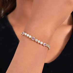 สร้อยข้อมือเทนนิสเซอร์คอนสีชมพูชุบทอง18K สั่งทำของขวัญแฟชั่นสไตล์วงรีสำหรับผู้หญิงเครื่องประดับโซ่ทองเหลืองทองแดง - Product Image 3