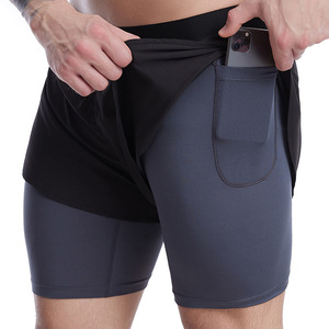 Forrado bolsillo Fitness entrenamiento gimnasio pantalones cortos verano hombres transpirable diverge lado 2 en 1 tejido de punto Casual 100% poliéster cintura media - Product Image 1