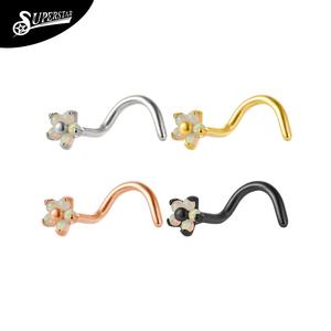 סיכת אף מעוקלת עם דוגמת פרחים מטיטניום ASTM F136 בהתאמה אישית של Superstar, משובצת 5 אופלים, עגילי אף אופנתיים לחתונה, פירסינג גוף טרנדי - Product Image 1