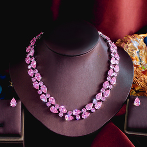 Magnifique collier et boucles <span class=keywords><strong>d</strong></span>'oreilles pendantes en rhodium plaqué avec zircon cubique rose pour femmes, bijoux de costume pour mariées - Product Image 1