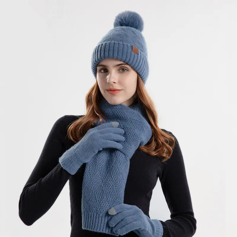 Conjunto de bufanda larga de punto de invierno para mujer y guantes con pantalla táctil, gorro forrado de lana con pompón de imitación