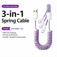 Câble de charge pour voiture 100W, cordon de charge rapide rétractable 3 en 1, câble de charge multi-prise tressé en nylon