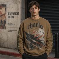 Sweat-shirt à col rond épais coupe décontractée avec motif aviation vintage, manches longues, style streetwear, vente en gros, personnalisation OEM, en vrac