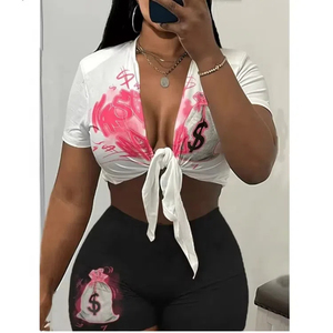 2024 é<span class=keywords><strong>t</strong></span>é Y2K Streetwear haut court pour femmes blanc col en V <span class=keywords><strong>t</strong></span>-shirts dames pansement haut court décontracté écologique tricoté dames - Product Image 1