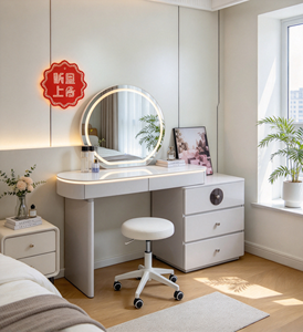 Modern White Vanity Table <b>with</b> <b>Lighted</b> Round <b>Mirror</b> and 3 Drawer Storage Cabinet - Product Image 4
