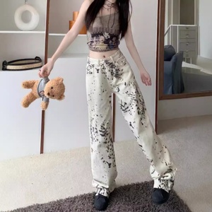 Jeans de Mezclilla de Lujo Discreto con Estilo Urbano para Mujer, Novedad 2025 |   Pantalones de Pierna Recta y Holgada con Estampado de Leopardo Splash Ink - Product Image 5