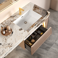 Meuble de salle de bain moderne en aluminium aérospatial avec comptoir en marbre naturel et miroir LED intelligent mural pour appartements, hôtels et villas