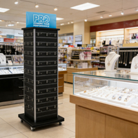 Personnalisable 360 °   Présentoir à bijoux rotatif moderne et détachable en PVC expansé sur pied avec roulettes pour boutiques et commerces de détail