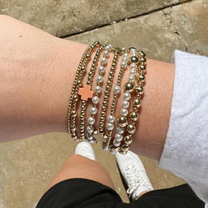 Bracelets extensibles à motifs en perles croisées plaqués or 18 carats, bracelet en perles rondes de 2,5 mm en acier inoxydable élastique pour femmes, bijoux - Product Image 3