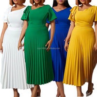 Nouvelle Robe de Soirée Plissée en Chiffon à Manches Courtes, Taille Naturelle, Couleur Unie, Grande Taille, Élégante et Tendance pour Femme