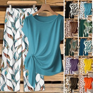 Ensemble décontracté pour femme : haut imprimé à manches courtes noué et pantalon large – Tailles S, M, L, XL, XXL – Style Europe et Amérique - Product Image 1