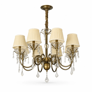 Lustre antique en bronze et laiton avec abat-jour en tissu plissé, douilles E14, pour salle de banquet, manoir, château - Product Image 1
