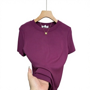 T-shirts pour femmes en gros, style Y2K, été, couleur unie, coupe ajustée, manches courtes, en polyester extensible avec col rond - Product Image 6