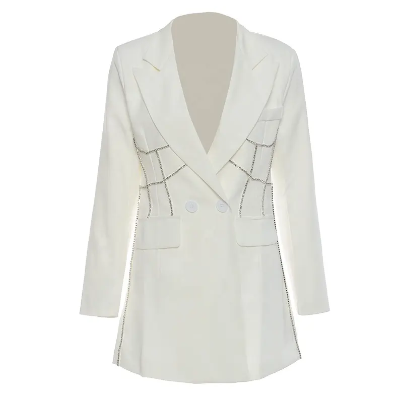 Oulaiyadi Guangzhou Fabriek Niche Knoop Taille Nail Boor Midi Jasje Witte Blazers Modieuze Steentjes Blazer