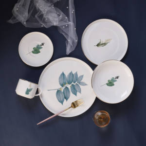Набор современной ботанической посуды Gold Leaf, тарелки и миски из нового костяного фарфора, посуда с свежим и воздушным дизайном в виде листьев - Product Image 6