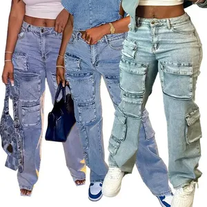 Atacado Moda Stretchy Jeans Calças das Mulheres Calças Casual Cargo Boyfriend Denim Calças Perna Larga Jeans Para Senhoras Calças Mulheres
