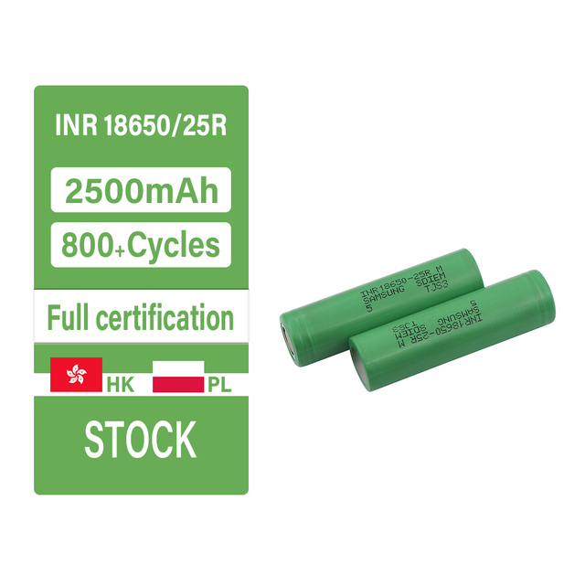 Samsuny INR18650-25R LiCoO2 Cathode 500-Cycle 2500mAh 30A 3.7V Rechargeable 12C Discharge Rate Cylindrical Lithium Ion Battery