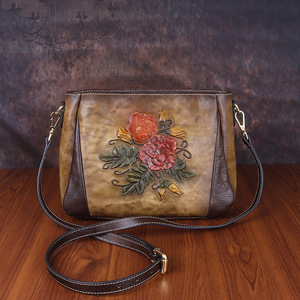 Ando <b>Bag</b> Vintage Floral Embossed <b>Genuine</b> Cowhide <b>Leather</b> Shoulder Crossbody <b>Bag</b> for Women - Product Image 1