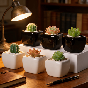Mini pot carré en céramique noir et blanc MDJ pour plantes succulentes, avec trou de drainage, design minimaliste écologique, décoration de bureau à domicile, 0,3 kg - Product Image 1