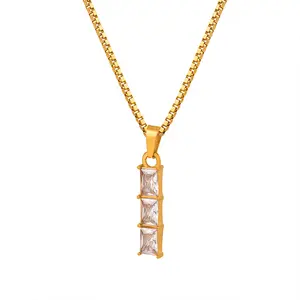 Kalung liontin berlian imitasi, perhiasan kalung rantai kotak baja tahan karat lapisan emas PVD Mode Korea sederhana