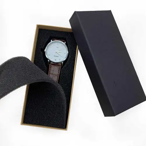 Reloj de diseño simple Embalaje de regalo Caja de reloj larga negra Tapa Cajas rígidas de regalo de papel de lujo hechas a mano