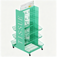 Présentoir rotatif double face en fil métallique pour mouchoirs, avec roulettes et paniers de rangement, pour affichage en magasin de détail