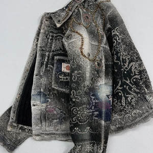 Veste en jean personnalisée à manches évasées, coupe courte, col rabattu, perles métalliques de <span class=keywords><strong>haute</strong></span> qualité, délavage acide, effet usé - Product Image 3