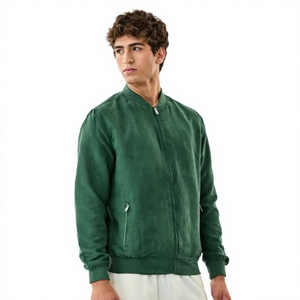 Men's Green <b>Suede</b> Bomber <b>Jacket</b> Stand Collar Zipper Closure Casual Autumn Wear Regular Fit Solid Color - Product Image 1