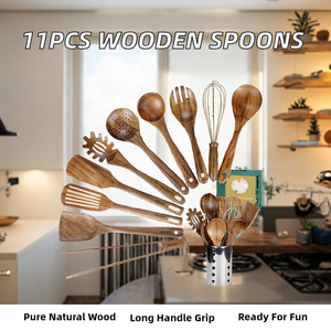 Ustensiles de cuisine en bois de teck : Cuillères de cuisson, Spatule en bois d'acacia et de teck, Cuillère à pâtes ajourée - Product Image 2