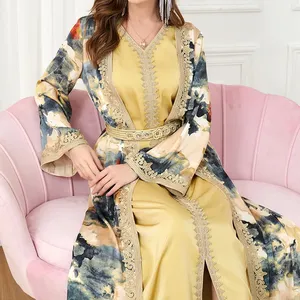 Nahost-Kleid leicht Luxus Splice Mode elegant offen Abaya muslimische Dame zweiteiliges Kleid islamisches Kleid Spitzen-Stickerei-Set