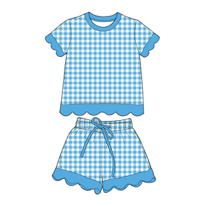 Girls Short Sleeve And <b>Drawstring</b> Shorts Scalloped Set Plaid Design With Custom Logo For School Play - Product Image 3