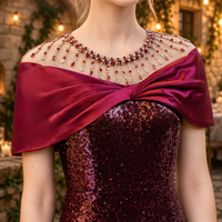 Robe de cocktail bordeaux à sequins, col orné de cristaux, en satin, épaules dénudées, longueur ras du sol, robe de soirée perlée, vente en gros personnalisée
