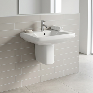 Lavabo mural demi-piedestal carré moderne en céramique, gain de place, pour salle de bain d'hôtel - Product Image 2